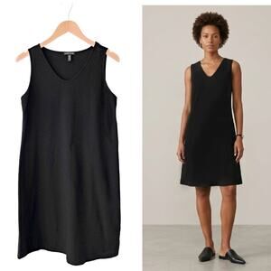 EILEEN FISHER Black System Washable Stretch Crepe V-neck Sleeveless Dress Small